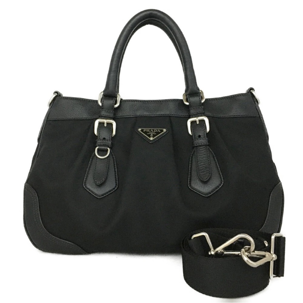 PRADA Logo Plate Nylon/Leather 2way Hand Bag
